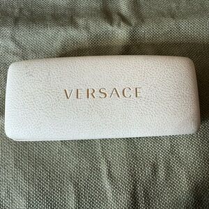 white, textured, hard-shell Versace eyeglass sunglasses case gold-tone logo.